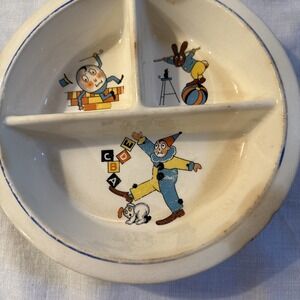 Vtg 1930's Crown Pottery C.P. Co. Divided Childs Dish Humpty Dumpy, Clown, Bun